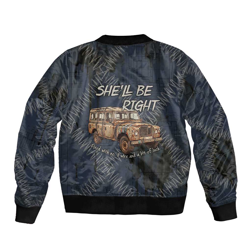 New Zealand She’ll Be Right Sleeve Zip Bomber Jacket NZ Slang No. 8 Wire Map Pattern TS04 - Polynesian Pride