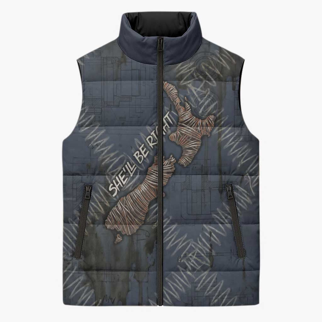 New Zealand She’ll Be Right Sleeveless Puffer Jacket NZ Slang No. 8 Wire Map Pattern TS04 Unisex Navy Slate - Polynesian Pride
