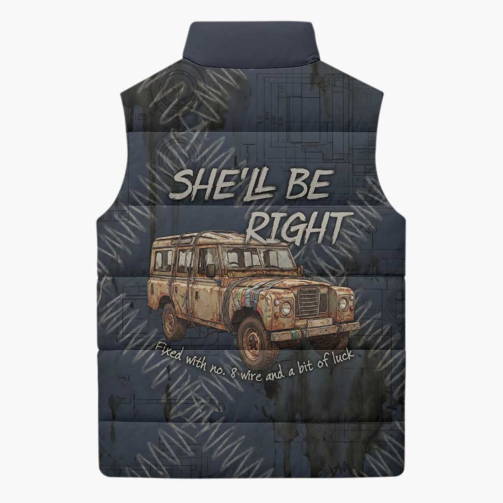 New Zealand She’ll Be Right Sleeveless Puffer Jacket NZ Slang No. 8 Wire Map Pattern TS04 - Polynesian Pride