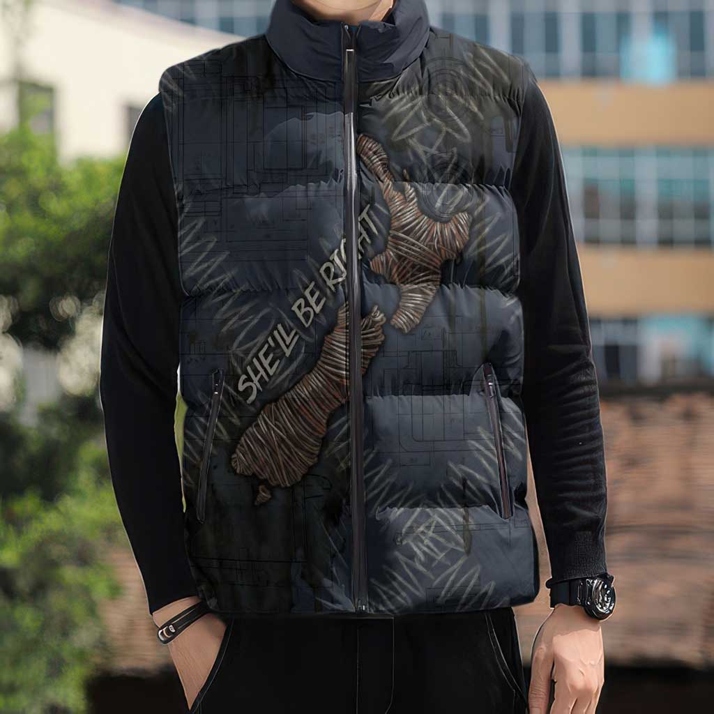New Zealand She’ll Be Right Sleeveless Puffer Jacket NZ Slang No. 8 Wire Map Pattern TS04 - Polynesian Pride