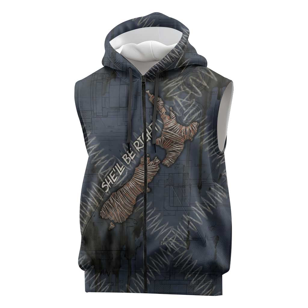 New Zealand She’ll Be Right Sleeveless Zip Hoodie NZ Slang No. 8 Wire Map Pattern
