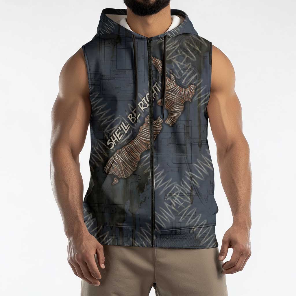 New Zealand She’ll Be Right Sleeveless Zip Hoodie NZ Slang No. 8 Wire Map Pattern