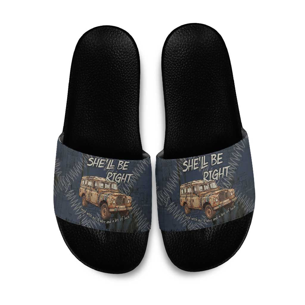 New Zealand She’ll Be Right Slide Sandals NZ Slang No. 8 Wire Map Pattern TS04 Navy Slate - Polynesian Pride