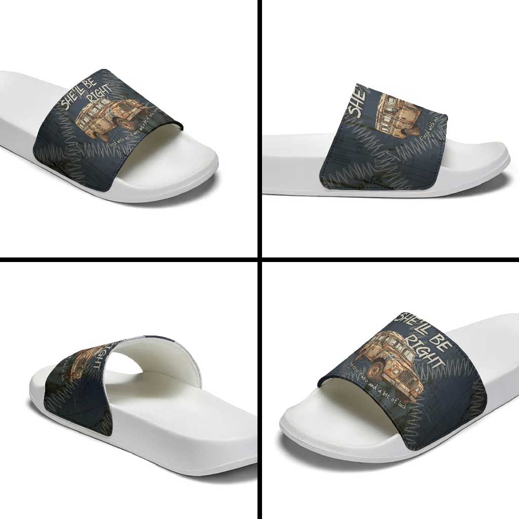 New Zealand She’ll Be Right Slide Sandals NZ Slang No. 8 Wire Map Pattern TS04 - Polynesian Pride