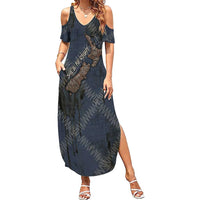 New Zealand She’ll Be Right Summer Maxi Dress NZ Slang No. 8 Wire Map Pattern TS04 Women Navy Slate - Polynesian Pride