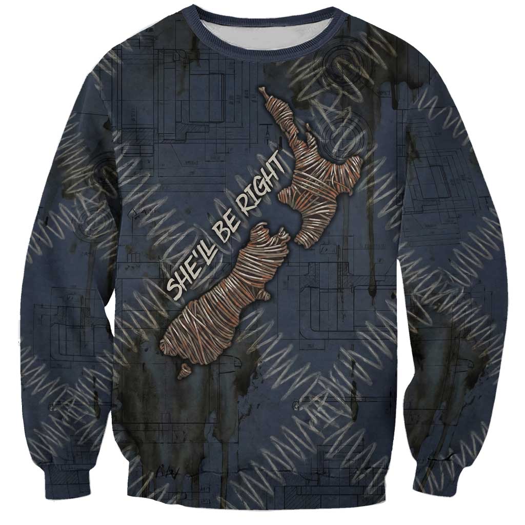 New Zealand She’ll Be Right Sweatshirt NZ Slang No. 8 Wire Map Pattern TS04 Unisex Navy Slate - Polynesian Pride
