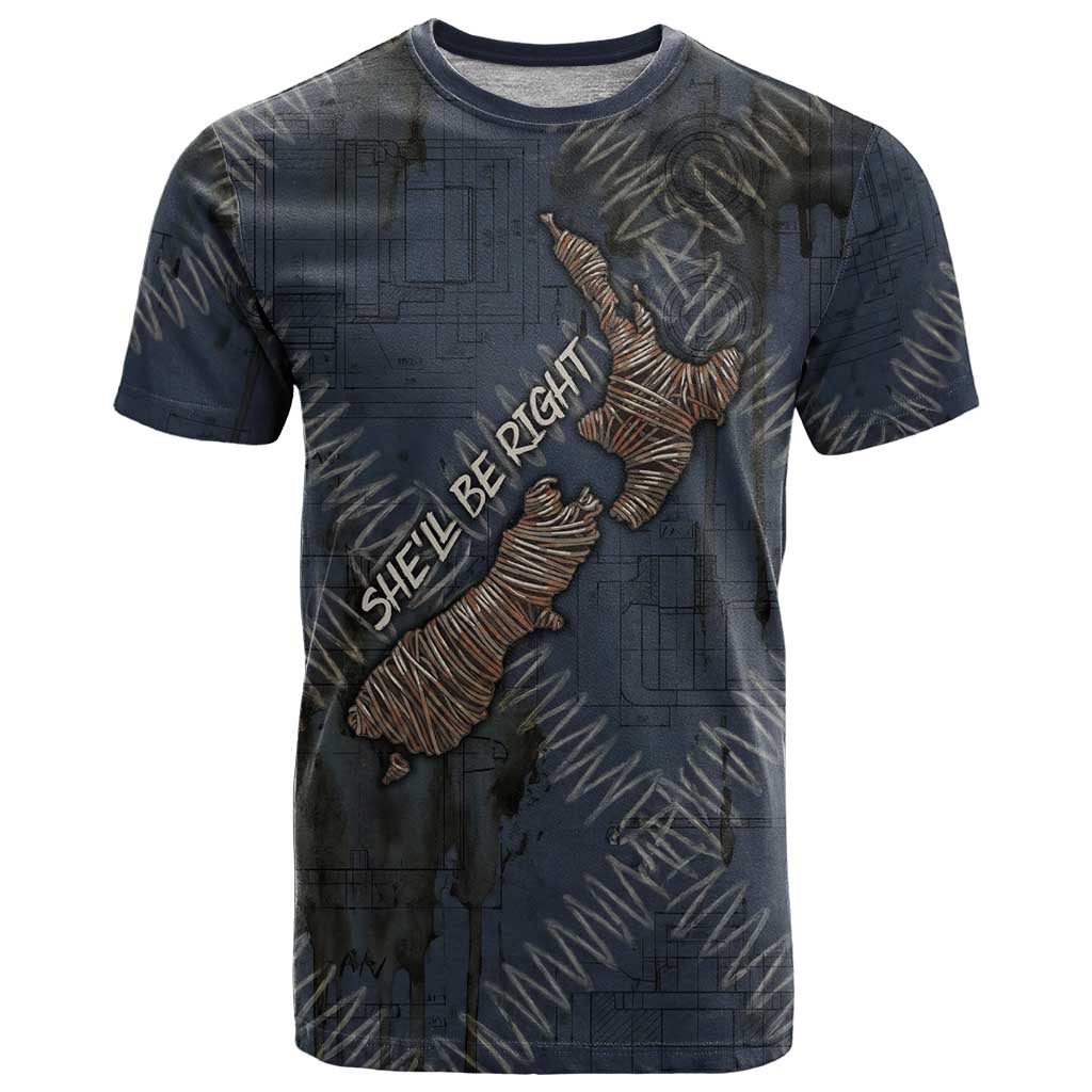 New Zealand She’ll Be Right T Shirt NZ Slang No. 8 Wire Map Pattern TS04 Navy Slate - Polynesian Pride