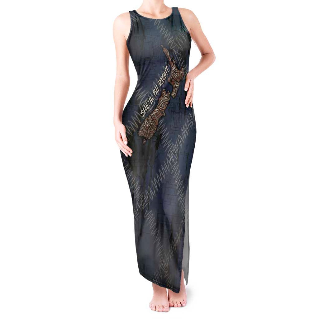 New Zealand She’ll Be Right Tank Maxi Dress NZ Slang No. 8 Wire Map Pattern TS04 Women Navy Slate - Polynesian Pride