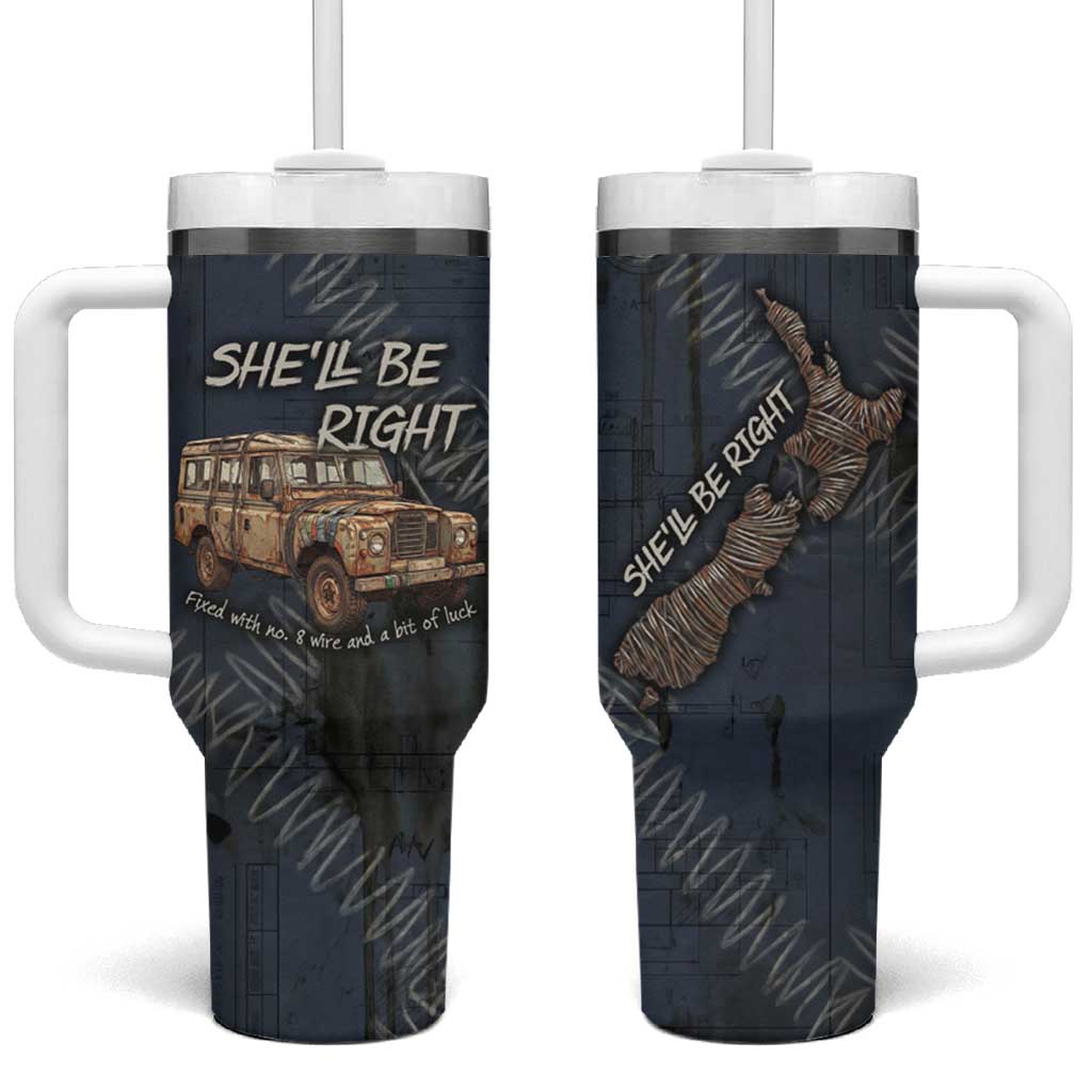 New Zealand She’ll Be Right Tumbler With Handle NZ Slang No. 8 Wire Map Pattern TS04 One Size: 40 oz Navy Slate - Polynesian Pride