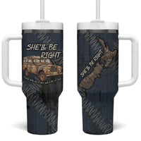 New Zealand She’ll Be Right Tumbler With Handle NZ Slang No. 8 Wire Map Pattern TS04 One Size: 40 oz Navy Slate - Polynesian Pride