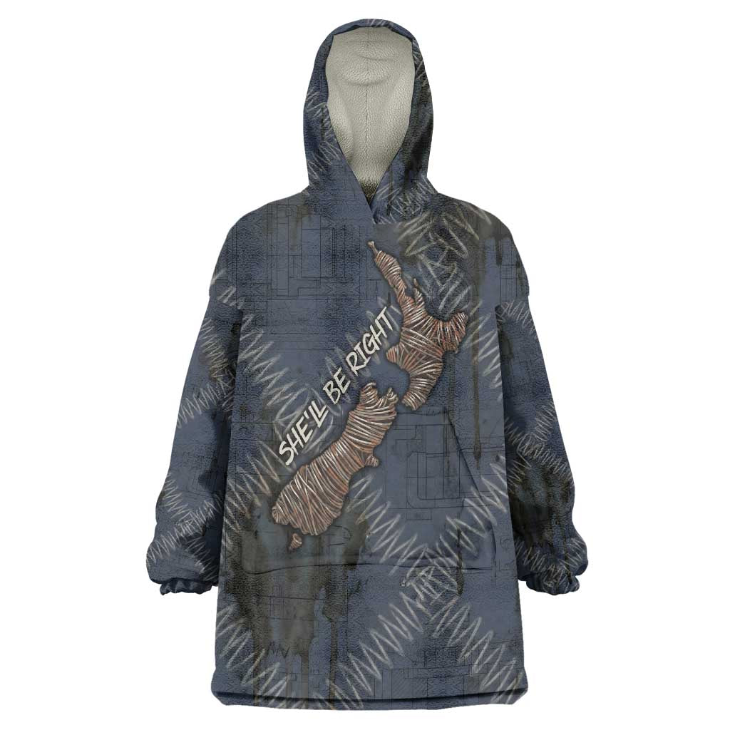 New Zealand She’ll Be Right Wearable Blanket Hoodie NZ Slang No. 8 Wire Map Pattern TS04 One Size Navy Slate - Polynesian Pride