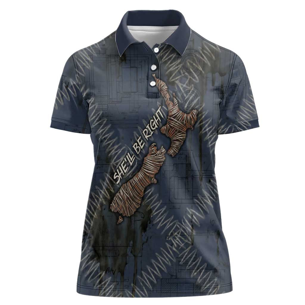 New Zealand She’ll Be Right Women Polo Shirt NZ Slang No. 8 Wire Map Pattern TS04 Female Navy Slate - Polynesian Pride