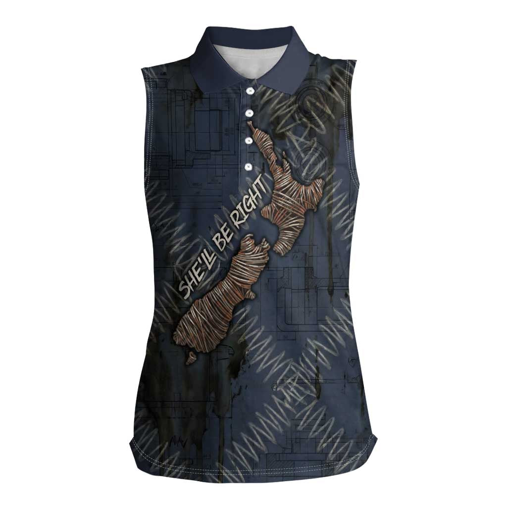 New Zealand She’ll Be Right Women Sleeveless Polo Shirt NZ Slang No. 8 Wire Map Pattern TS04 Female Navy Slate - Polynesian Pride