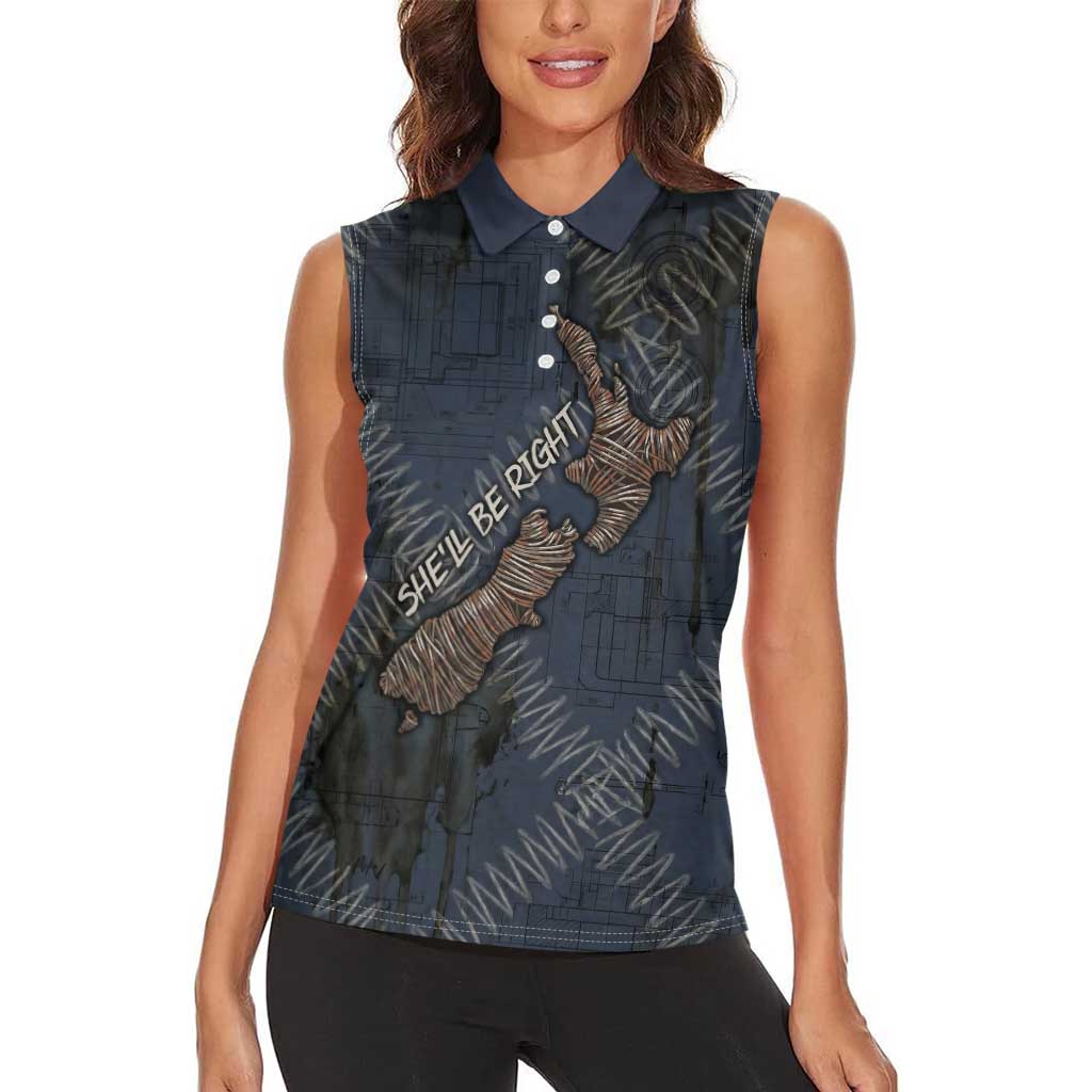 New Zealand She’ll Be Right Women Sleeveless Polo Shirt NZ Slang No. 8 Wire Map Pattern TS04 - Polynesian Pride