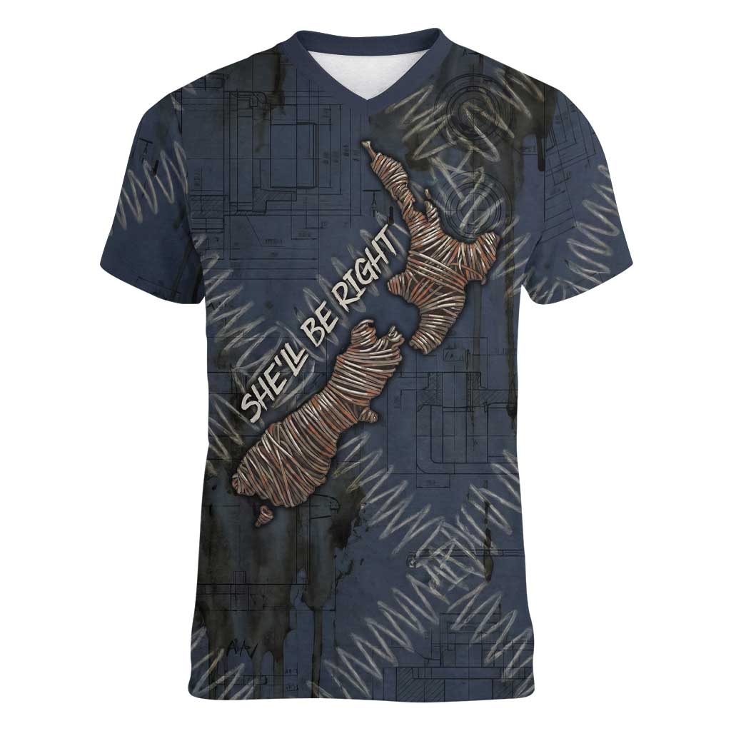 New Zealand She’ll Be Right Women V-Neck T-Shirt NZ Slang No. 8 Wire Map Pattern TS04 Female Navy Slate - Polynesian Pride