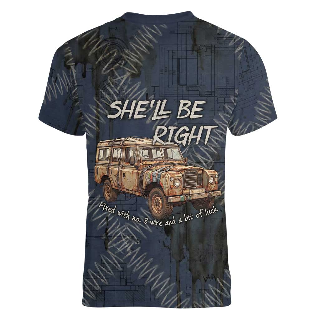 New Zealand She’ll Be Right Women V-Neck T-Shirt NZ Slang No. 8 Wire Map Pattern TS04 - Polynesian Pride