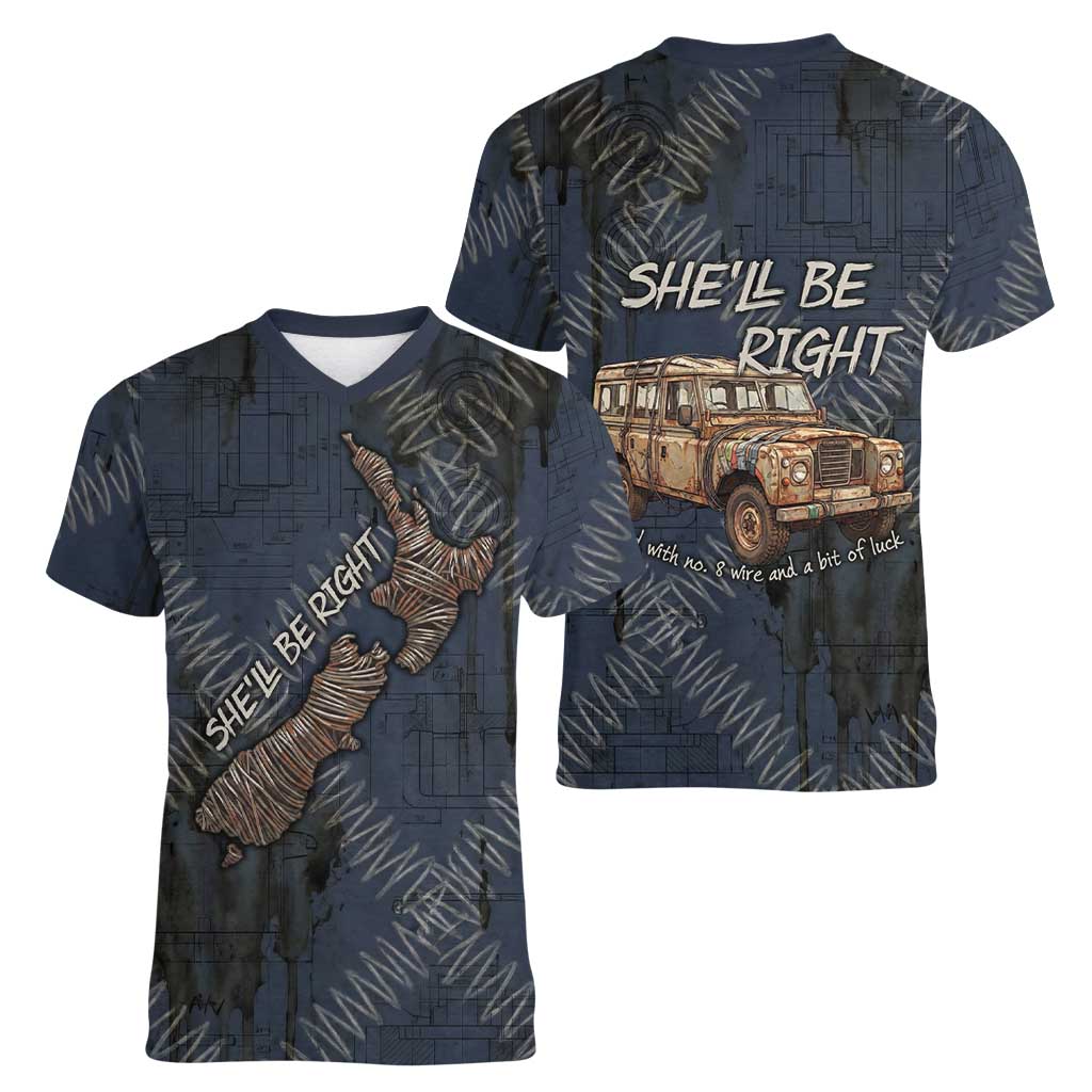 New Zealand She’ll Be Right Women V-Neck T-Shirt NZ Slang No. 8 Wire Map Pattern TS04 - Polynesian Pride