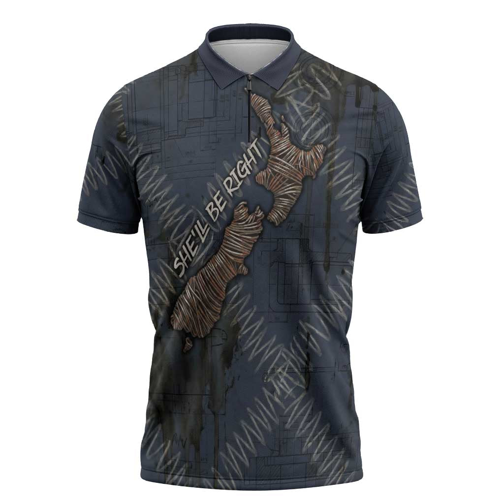 New Zealand She’ll Be Right Zipper Polo Shirt NZ Slang No. 8 Wire Map Pattern TS04 Navy Slate - Polynesian Pride