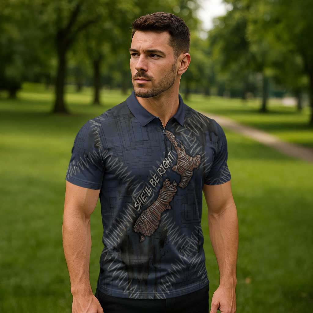 New Zealand She’ll Be Right Zipper Polo Shirt NZ Slang No. 8 Wire Map Pattern TS04 - Polynesian Pride