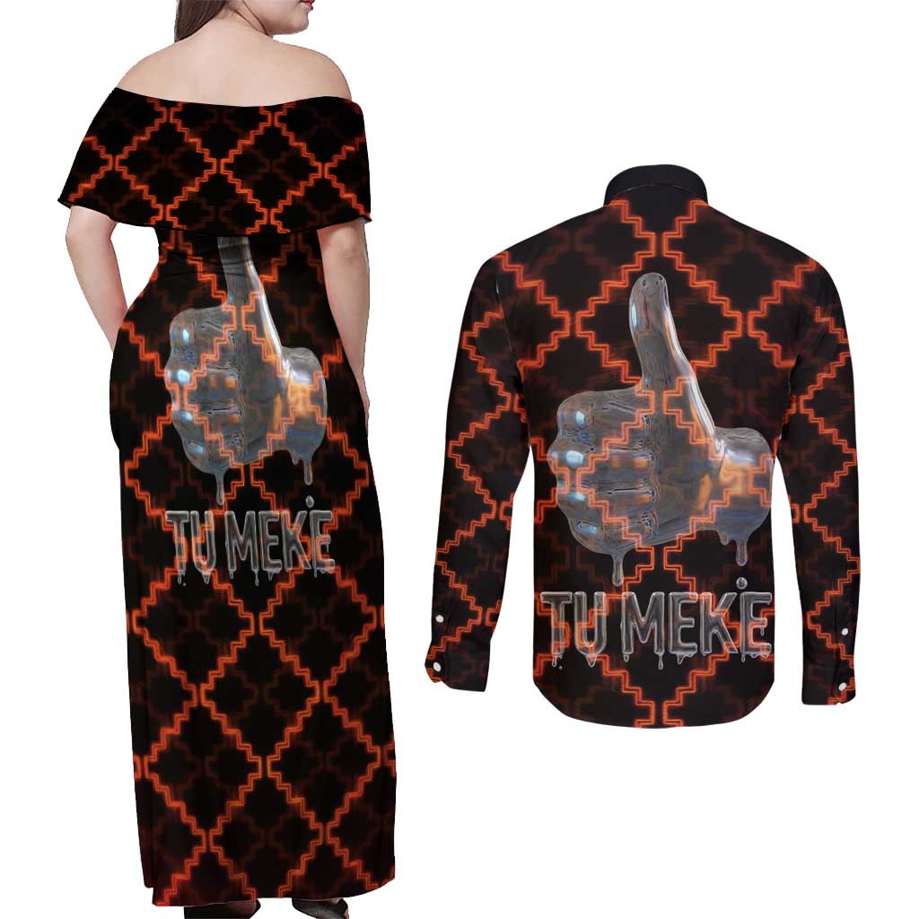 Tu Meke Maori New Zealand Slang Couples Matching Off Shoulder Maxi Dress and Long Sleeve Button Shirt with Glow Neon Step Style