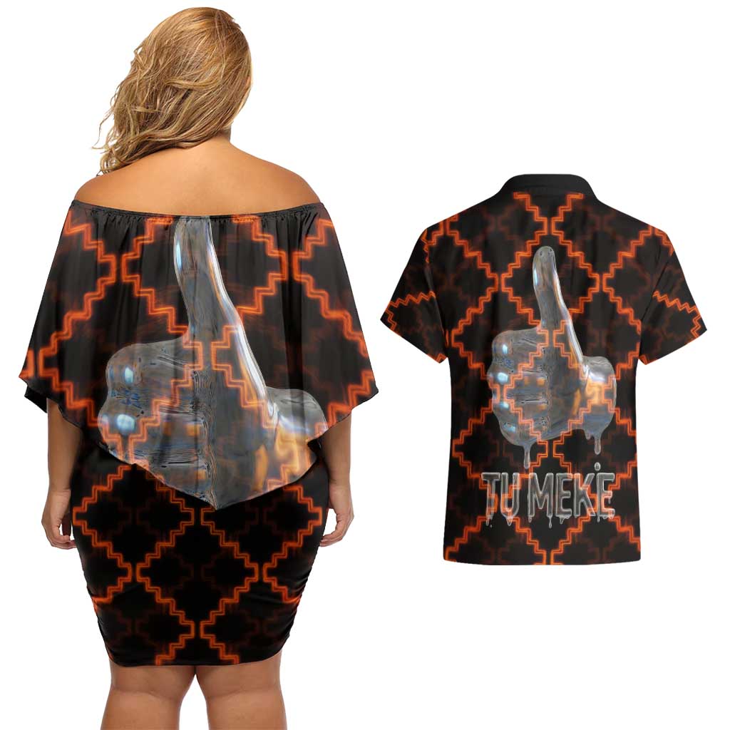 Tu Meke Maori New Zealand Slang Couples Matching Off Shoulder Short Dress and Hawaiian Shirt with Glow Neon Step Style