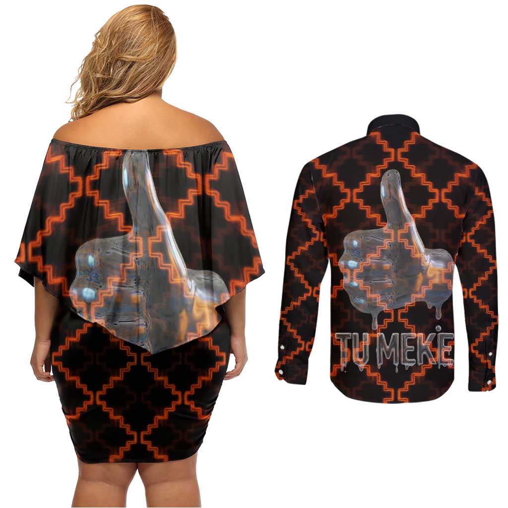 Tu Meke Maori New Zealand Slang Couples Matching Off Shoulder Short Dress and Long Sleeve Button Shirt with Glow Neon Step Style