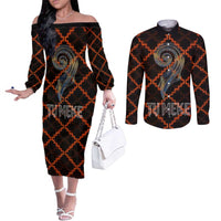Tu Meke Maori New Zealand Slang Couples Matching Off The Shoulder Long Sleeve Dress and Long Sleeve Button Shirt with Glow Neon Step Style
