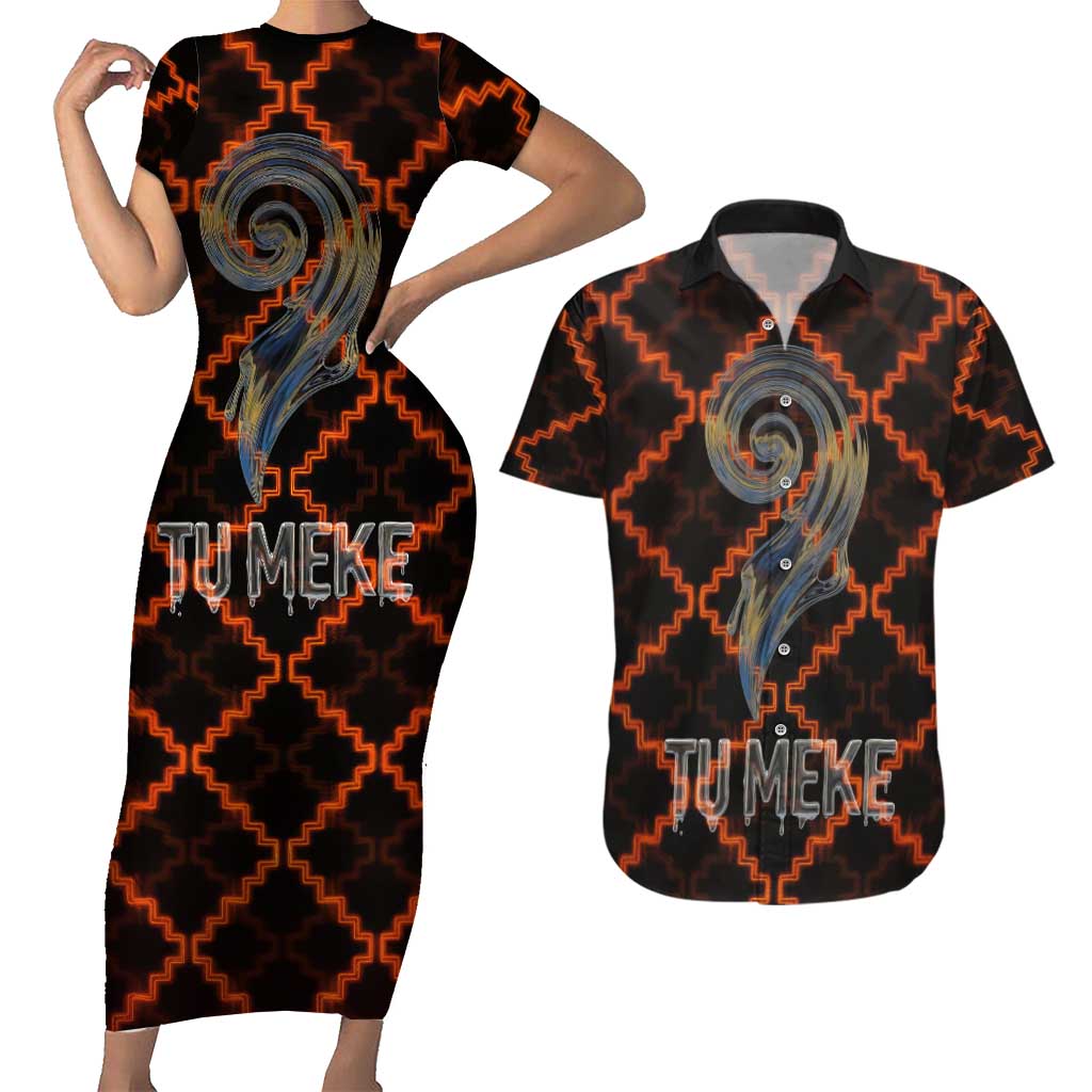 Tu Meke Maori New Zealand Slang Couples Matching Short Sleeve Bodycon Dress and Hawaiian Shirt with Glow Neon Step Style
