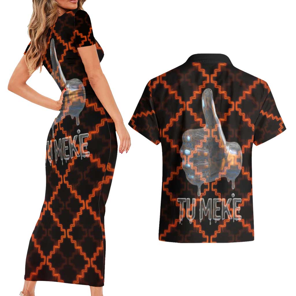 Tu Meke Maori New Zealand Slang Couples Matching Short Sleeve Bodycon Dress and Hawaiian Shirt with Glow Neon Step Style