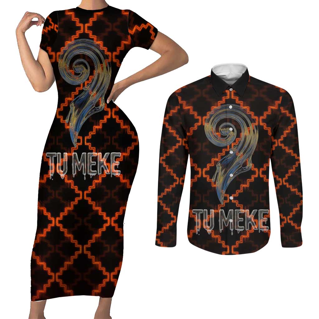 Tu Meke Maori New Zealand Slang Couples Matching Short Sleeve Bodycon Dress and Long Sleeve Button Shirt with Glow Neon Step Style TS04 Black Orange - Polynesian Pride