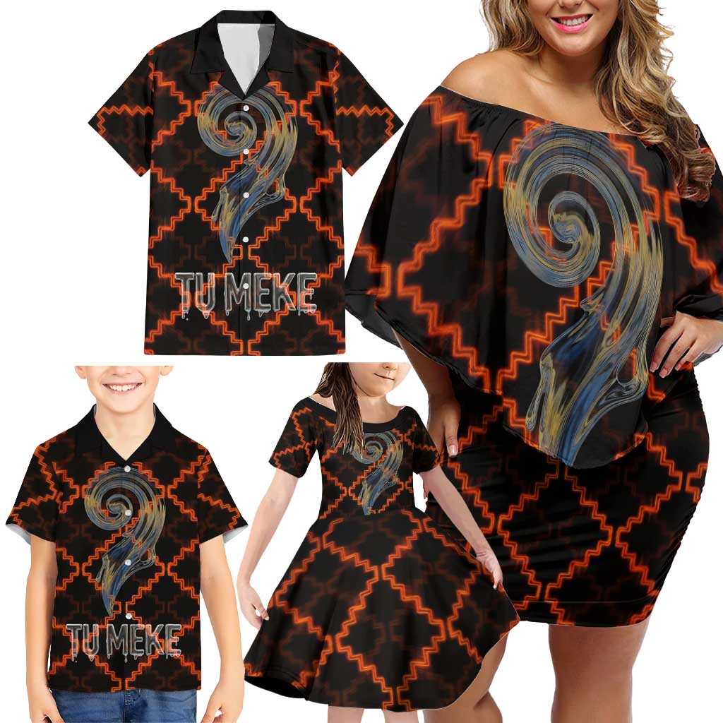 Tu Meke Maori New Zealand Slang Family Matching Off Shoulder Short Dress and Hawaiian Shirt with Glow Neon Step Style