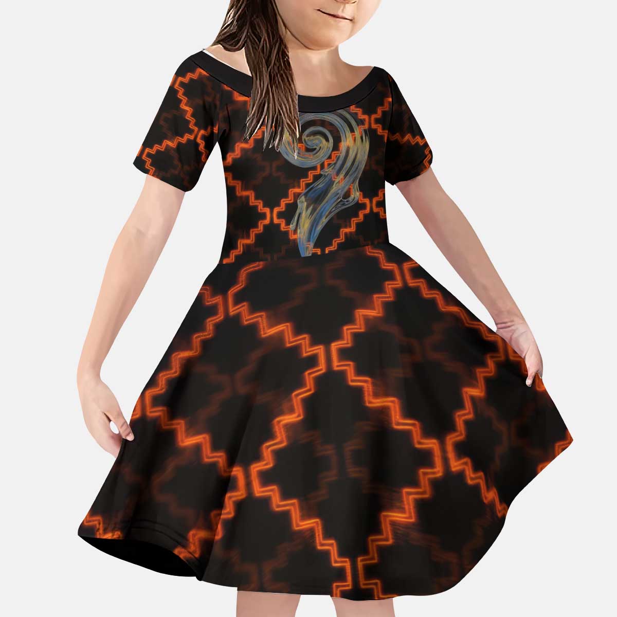 Tu Meke Maori New Zealand Slang Kid Short Sleeve Dress with Glow Neon Step Style TS04 KID Black Orange - Polynesian Pride