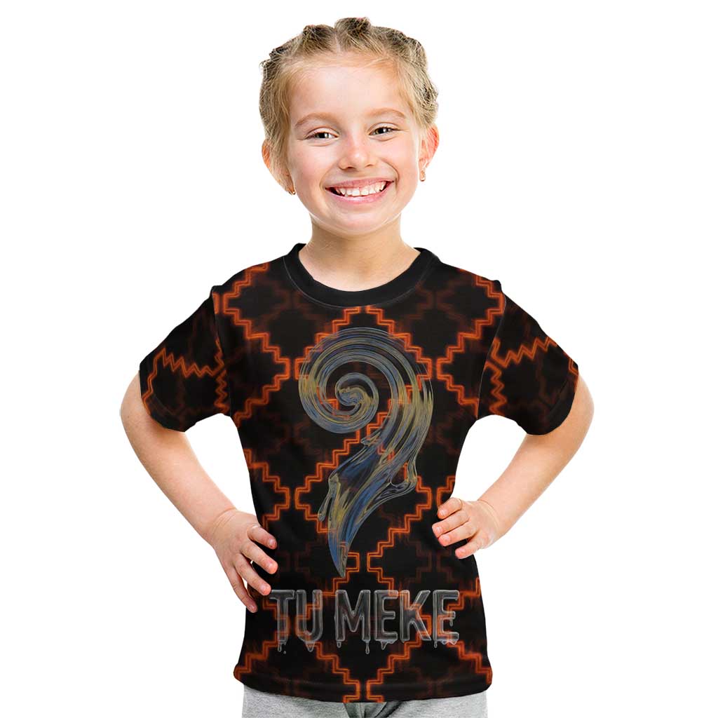 Tu Meke Maori New Zealand Slang Kid T Shirt with Glow Neon Step Style TS04 Black Orange - Polynesian Pride