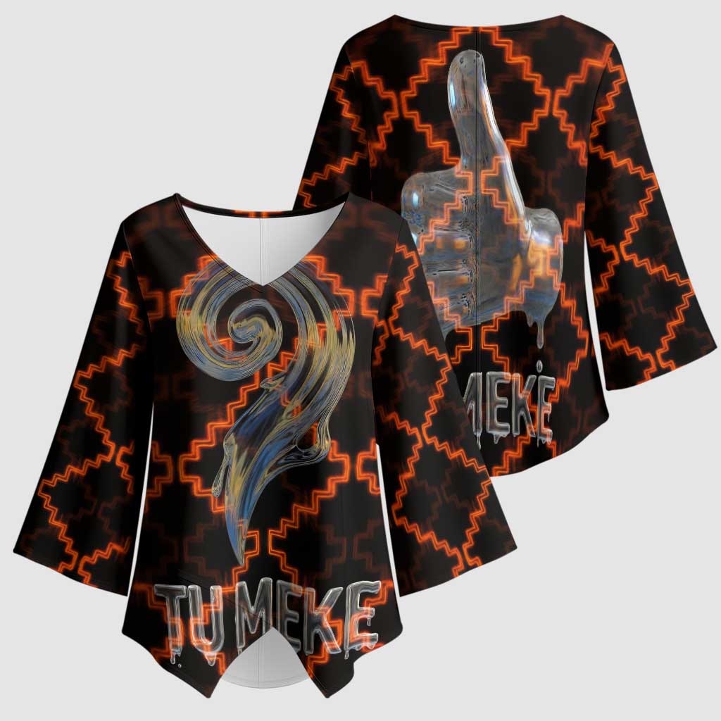 Tu Meke Maori New Zealand Slang Kimono Sleeve Blouse with Glow Neon Step Style