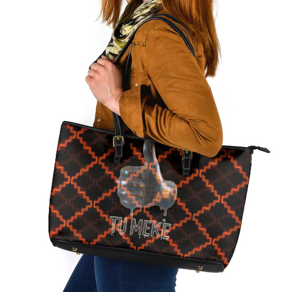Tu Meke Maori New Zealand Slang Leather Tote Bag with Glow Neon Step Style TS04 Black Orange - Polynesian Pride