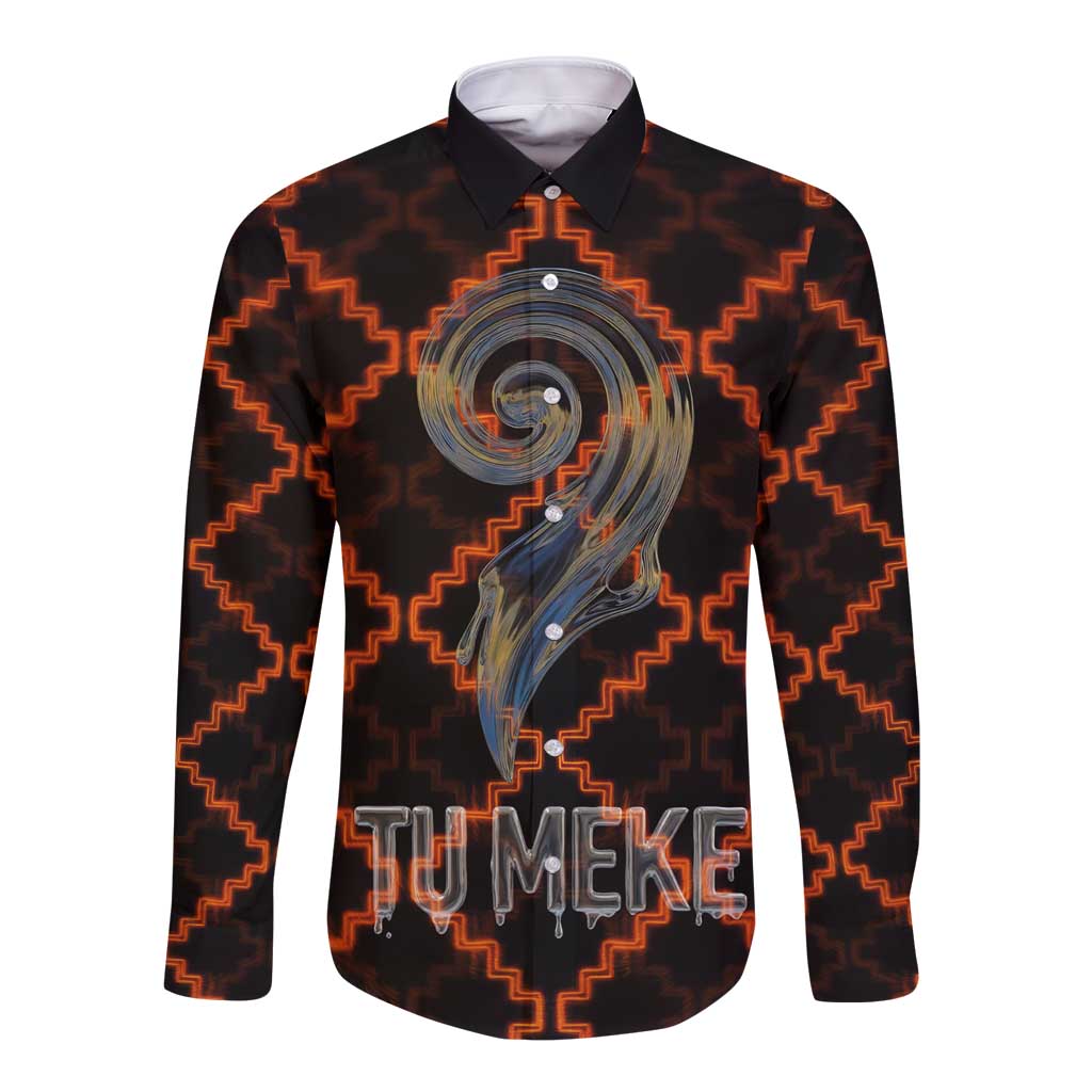 Tu Meke Maori New Zealand Slang Long Sleeve Button Shirt with Glow Neon Step Style TS04 Unisex Black Orange - Polynesian Pride