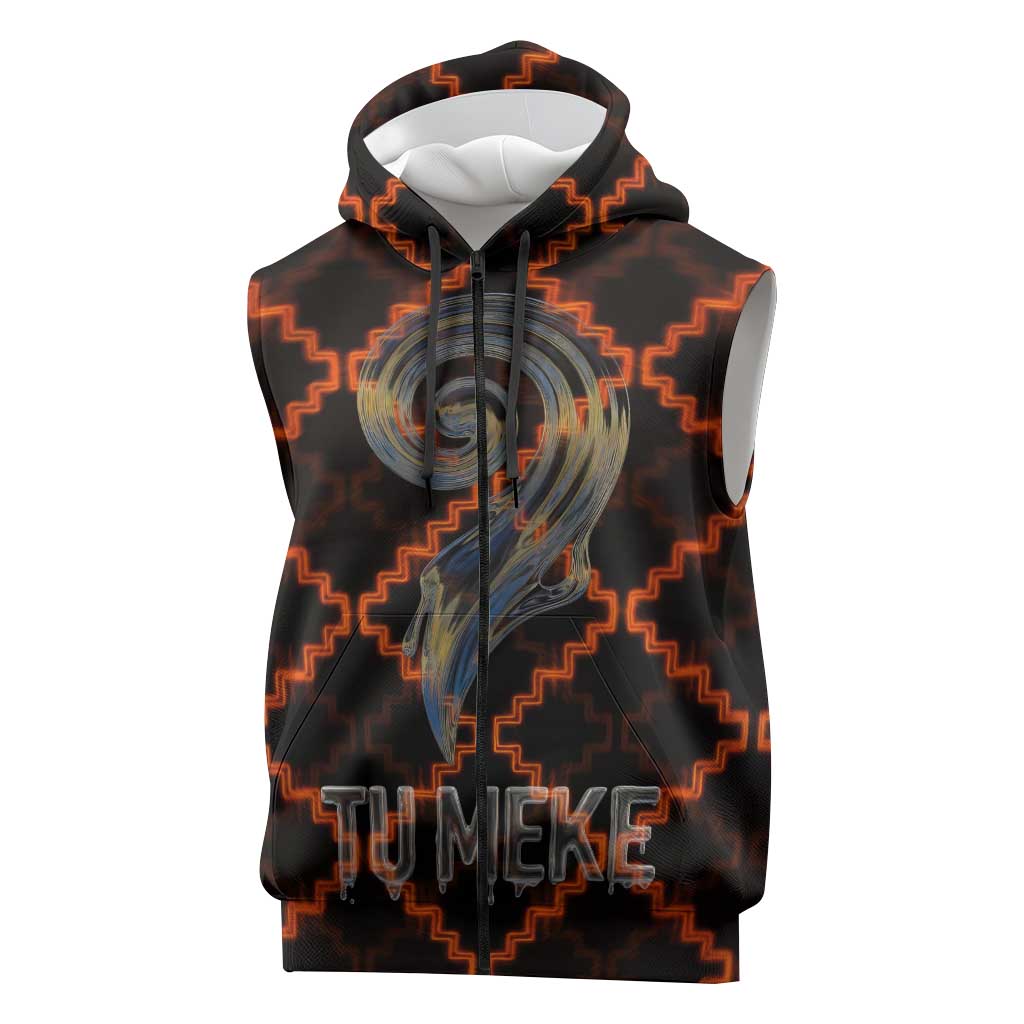Tu Meke Maori New Zealand Slang Sleeveless Zip Hoodie with Glow Neon Step Style TS04 Black Orange - Polynesian Pride