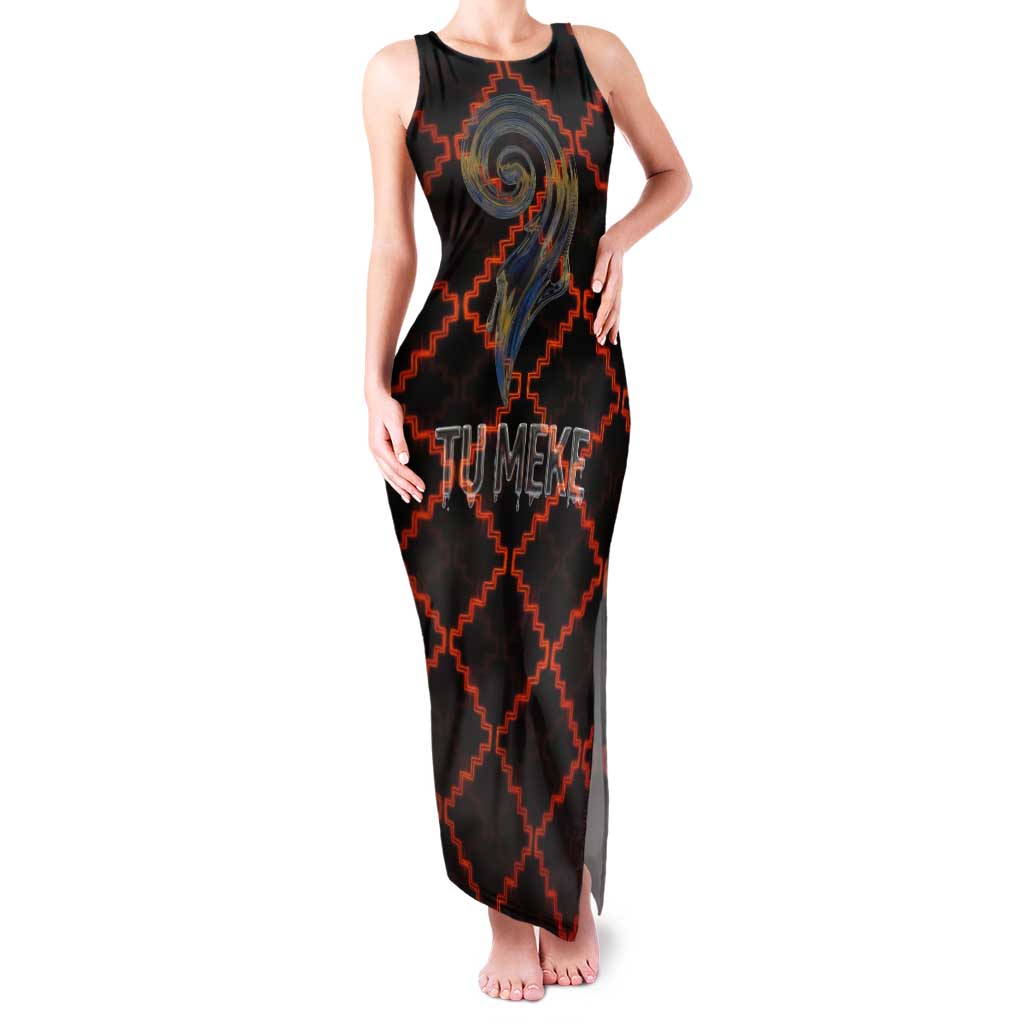 Tu Meke Maori New Zealand Slang Tank Maxi Dress with Glow Neon Step Style TS04 Women Black Orange - Polynesian Pride
