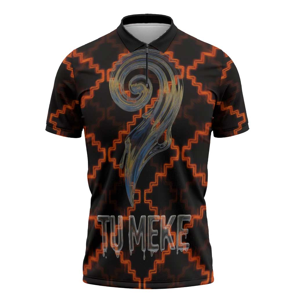 Tu Meke Maori New Zealand Slang Zipper Polo Shirt with Glow Neon Step Style TS04 Black Orange - Polynesian Pride