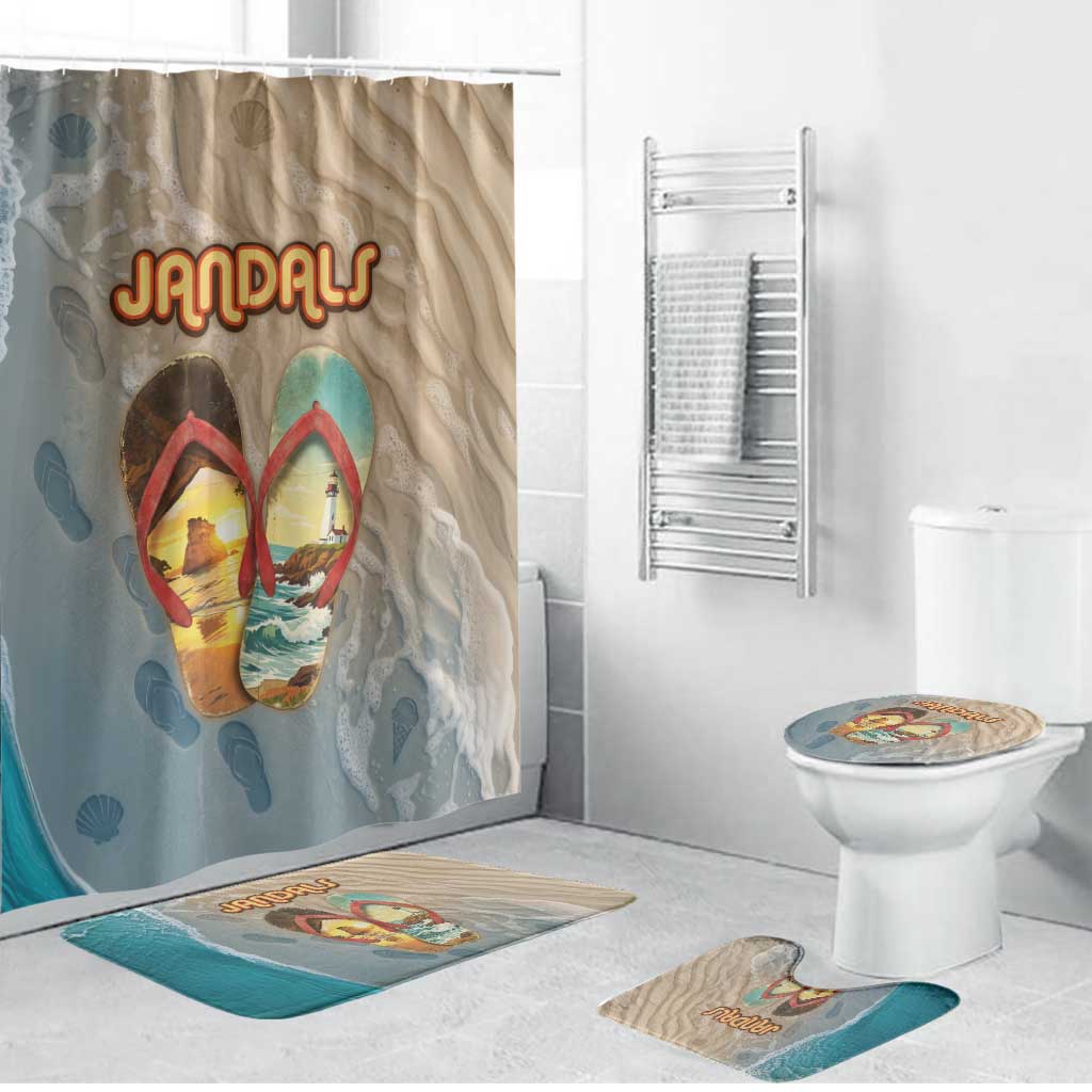 Kiwi Jandal Beach Life Bathroom Set New Zealand Flip Flops Ocean Wave Surf Style TS04 Bathroom Set (4 pcs) Beige Cyan - Polynesian Pride