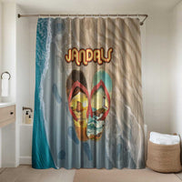Kiwi Jandal Beach Life Bathroom Set New Zealand Flip Flops Ocean Wave Surf Style TS04 Shower Curtain Only Beige Cyan - Polynesian Pride