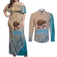 Kiwi Jandal Beach Life Couples Matching Off Shoulder Maxi Dress and Long Sleeve Button Shirt New Zealand Flip Flops Ocean Wave Surf Style