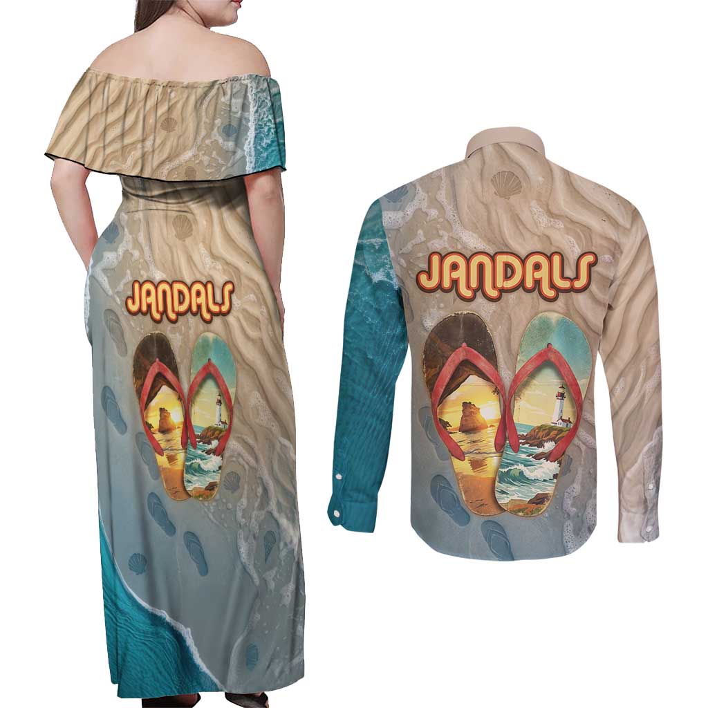 Kiwi Jandal Beach Life Couples Matching Off Shoulder Maxi Dress and Long Sleeve Button Shirt New Zealand Flip Flops Ocean Wave Surf Style