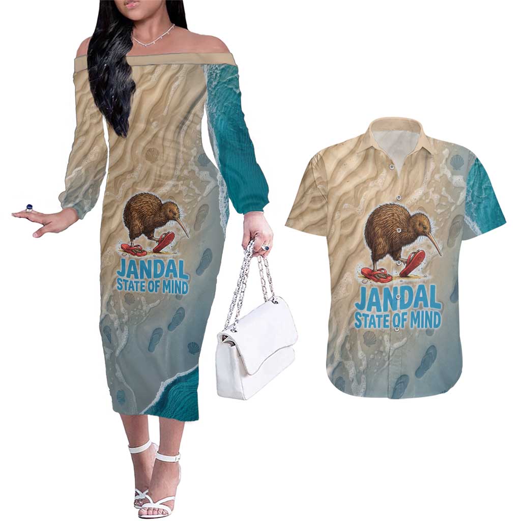 Kiwi Jandal Beach Life Couples Matching Off The Shoulder Long Sleeve Dress and Hawaiian Shirt New Zealand Flip Flops Ocean Wave Surf Style