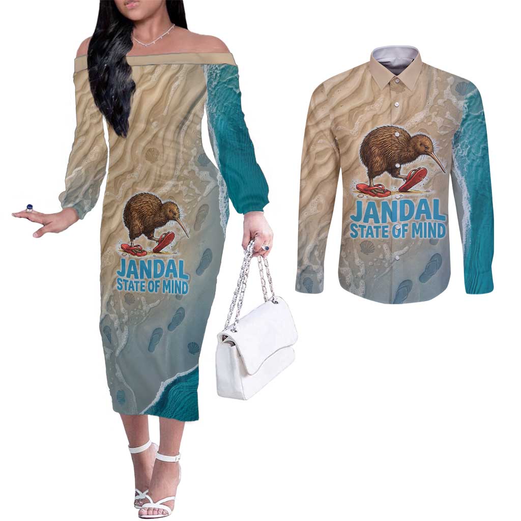 Kiwi Jandal Beach Life Couples Matching Off The Shoulder Long Sleeve Dress and Long Sleeve Button Shirt New Zealand Flip Flops Ocean Wave Surf Style TS04 Beige Cyan - Polynesian Pride