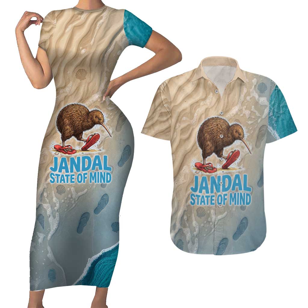 Kiwi Jandal Beach Life Couples Matching Short Sleeve Bodycon Dress and Hawaiian Shirt New Zealand Flip Flops Ocean Wave Surf Style
