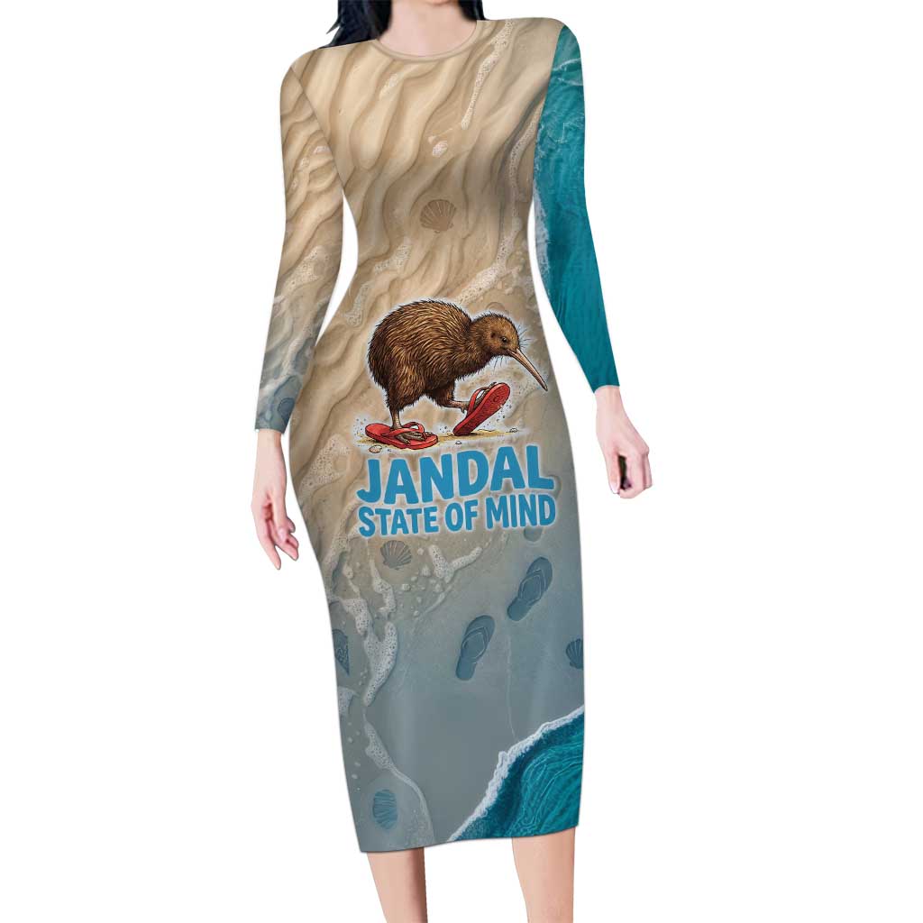 Kiwi Jandal Beach Life Family Matching Long Sleeve Bodycon Dress and Hawaiian Shirt New Zealand Flip Flops Ocean Wave Surf Style