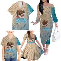 Kiwi Jandal Beach Life Family Matching Off The Shoulder Long Sleeve Dress and Hawaiian Shirt New Zealand Flip Flops Ocean Wave Surf Style