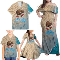 Kiwi Jandal Beach Life Family Matching Off Shoulder Maxi Dress and Hawaiian Shirt New Zealand Flip Flops Ocean Wave Surf Style