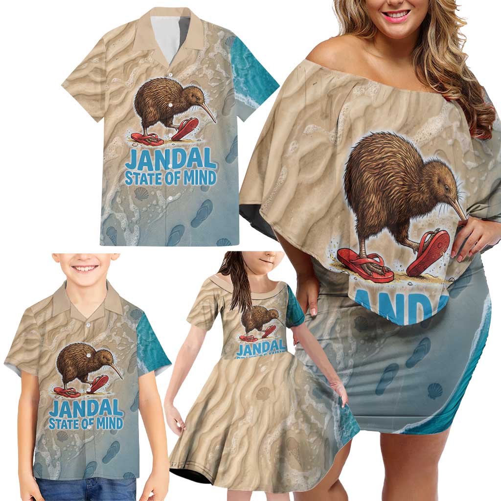 Kiwi Jandal Beach Life Family Matching Off Shoulder Short Dress and Hawaiian Shirt New Zealand Flip Flops Ocean Wave Surf Style